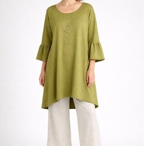 Bryn Walker XL Lagenlook Tunic Dress Bamboo Organic Cotton Green Artsy Minimal